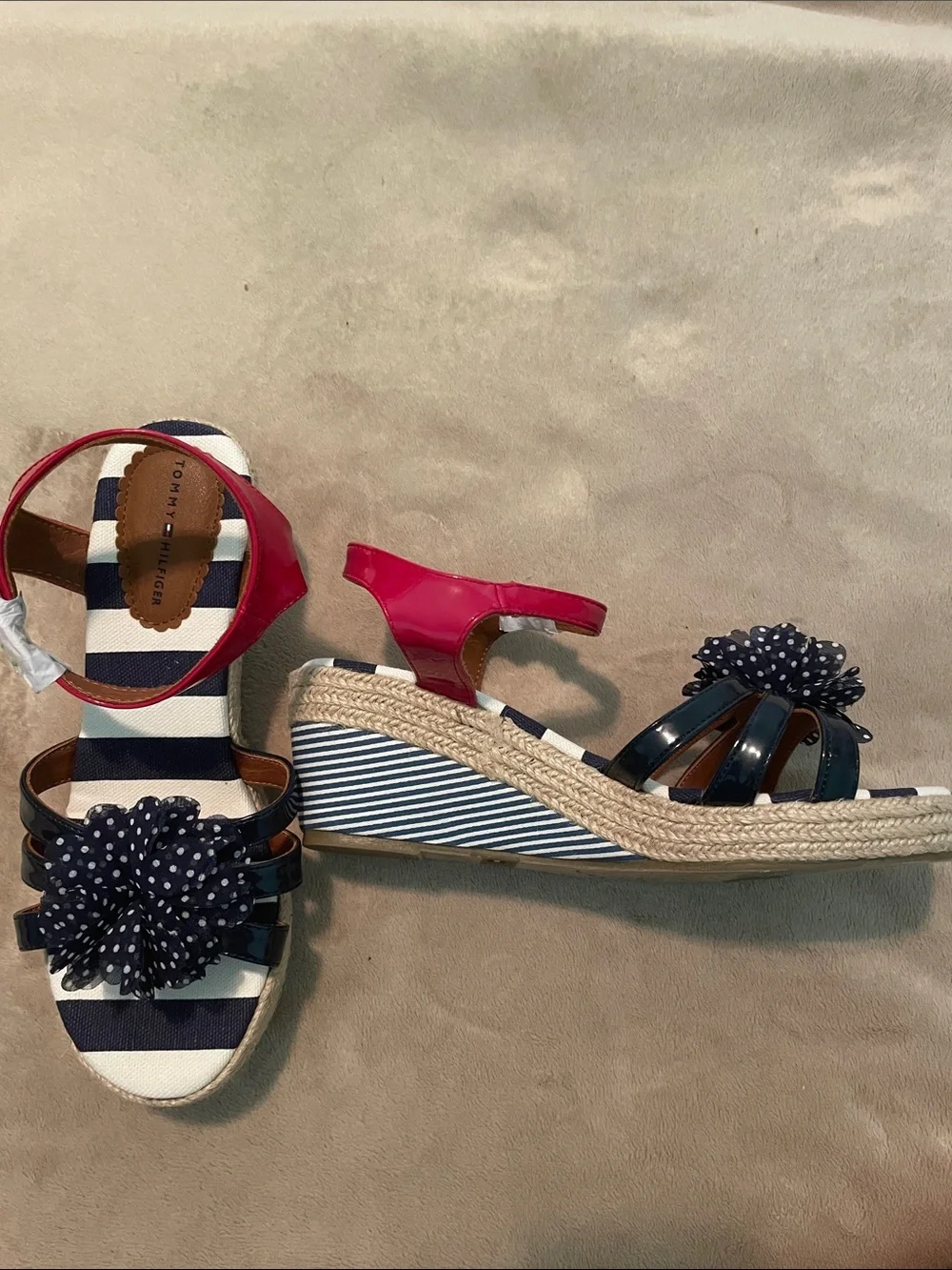 Tommy Hilfiger Navy & White Striped Sandals with Pink Ankle Straps